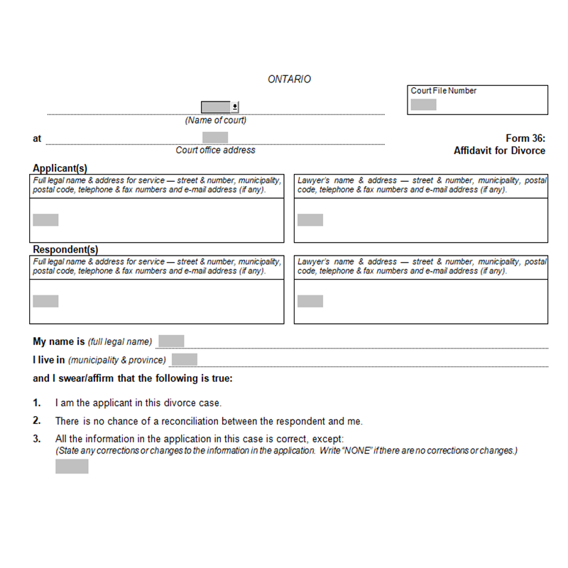Form 36 – Affidavit for Divorce in Ontario